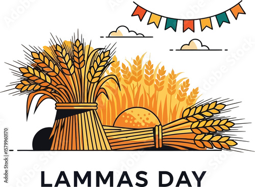Vector art of a festive illustration of wheat bundles and bunting for lammas day, isolated on white background