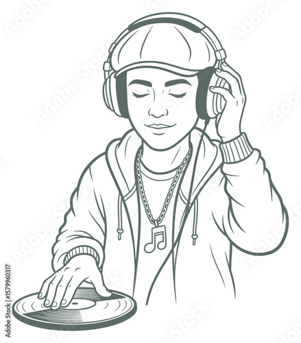 Outline Illustration of a DJ with Headphones and Turntable