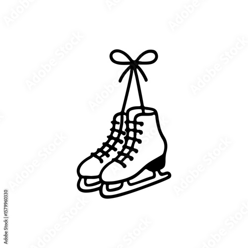 Hand-drawn outline of a pair of figure skates hanging by laces. Winter sport icon. Black and white doodle sketch of ice skates isolated on white background. Perfect for seasonal and cold weather