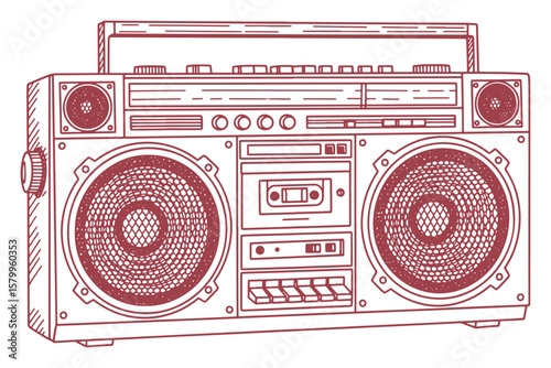 Retro Boombox Sketch in Burgundy Outlines