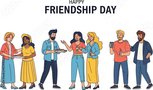 Vector art of a diverse group of friends are celebrating happy friendship day with drinks and snacks, isolated on white background