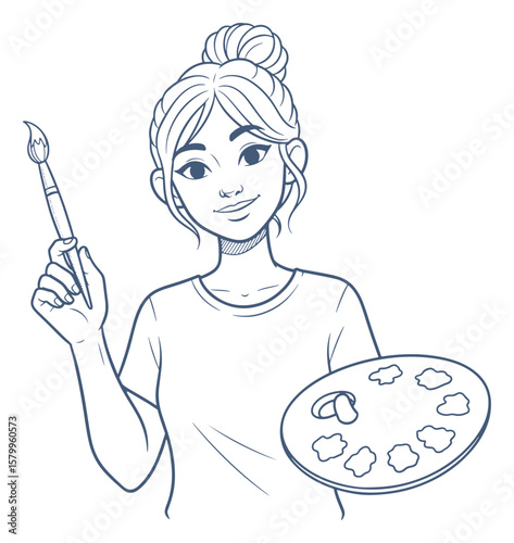 Young Artist Line Drawing with Brush and Palette
