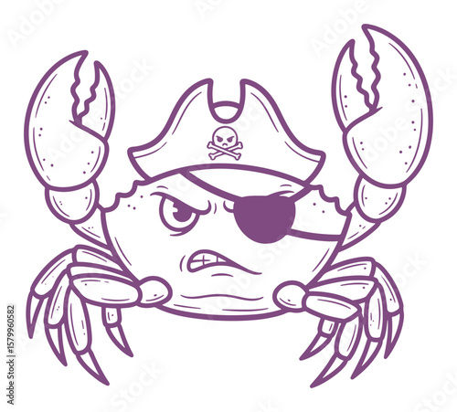 Angry Pirate Crab with Skull and Crossbones Hat and Eyepatch, in Line Art