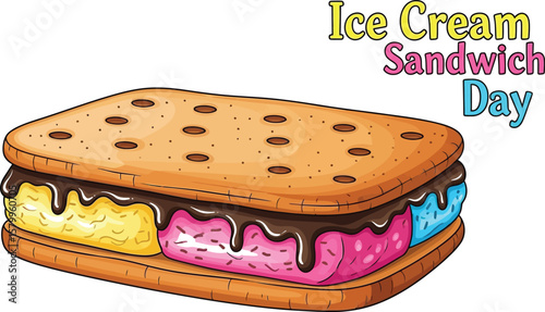 Vector art of a colorful ice cream sandwich, isolated on white background, celebrates national ice cream sandwich day with layers of different flavors