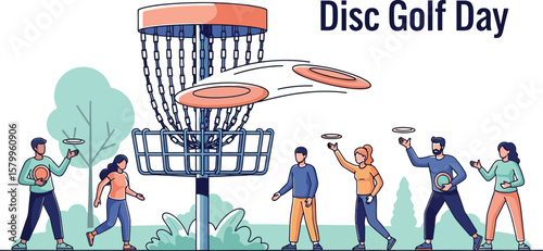 Vector art of a vibrant illustration of people playing disc golf on disc golf day isolated on white background