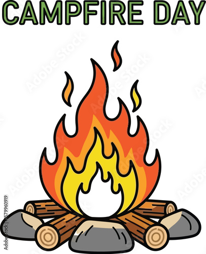 Vector art of a cozy campfire illustration for campfire day, featuring a bright flame and stacked wood isolated on white background