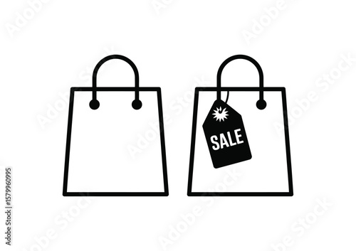 Shopping bags black and white icon shopping paper bags with handles black thin line illustration isolated on white background flat outline line art bags vector icon
