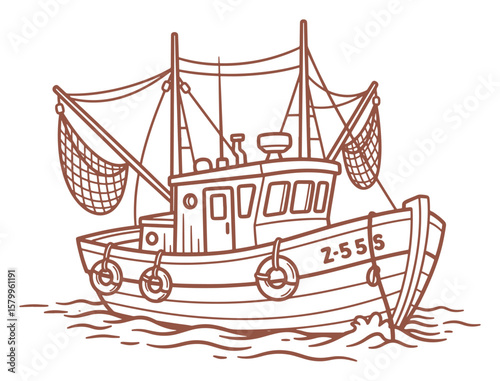 Detailed Line Drawing of a Vintage Fishing Boat on Water