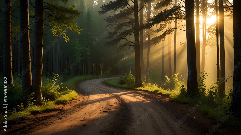 Fototapeta premium Early morning forest path with mist and golden light