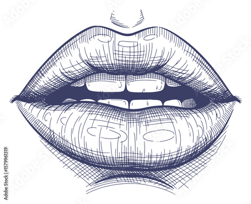 Hand-Drawn Vector Illustration of Open Lips in a Detailed Etching Style