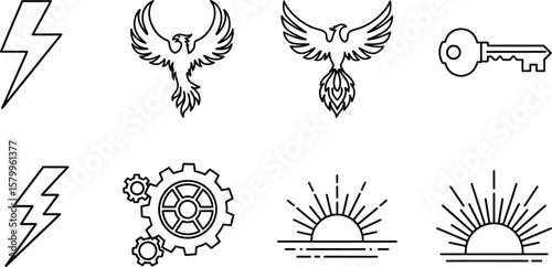 Vector art of a set of minimalist icons featuring lightning bolts, phoenixes, a key, gears, and sunrises isolated on white background