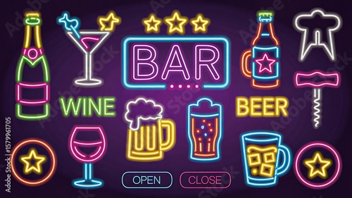 Neon bar drink icons including beer wine and cocktails in glowing colorful design
