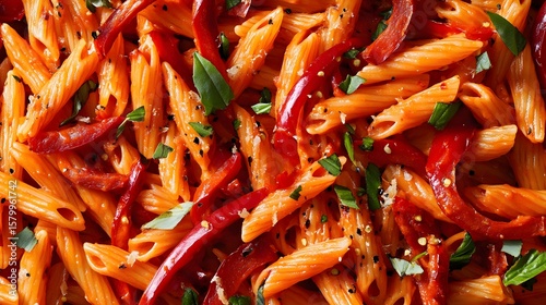 Wallpaper Mural Close-up view of penne pasta tossed in a vibrant tomato sauce with roasted red peppers. Torontodigital.ca