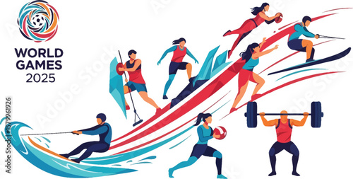 Vector art of a vibrant illustration showcasing various sports and activities for the world games 2025, featuring athletes in action and a dynamic design