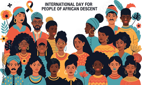 Vector art of a diverse group of people of african descent are celebrated on international day for people of african descent isolated on white background