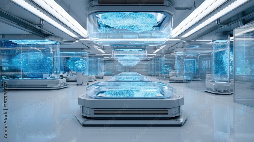 Fototapeta premium High-Tech Laboratory with Cryo Pods and Digital Panels