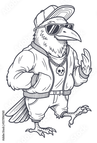 Cartoon Crow in Hip-Hop Fashion: Detailed Line Art Illustration