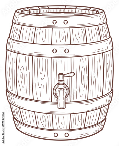 Detailed Outline Illustration of a Wooden Barrel with Spigot