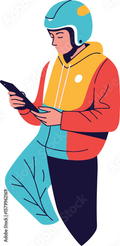 Vector art of a delivery man with a scooter helmet is looking at his phone, isolated on white background