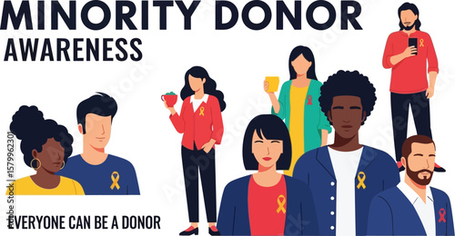Vector art of a diverse group of people stand together to promote minority donor awareness, encouraging organ donation and saving lives