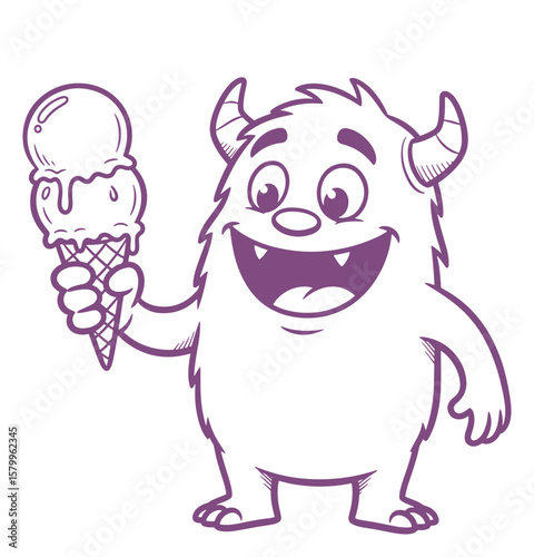 Cute Purple Cartoon Monster Holding a Melting Ice Cream Cone Illustration
