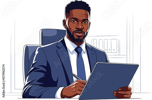 Vector art of a professional businessman in a suit sits at his office desk, reviewing documents on a tablet, showcasing his executive presence and dedication to corporate success
