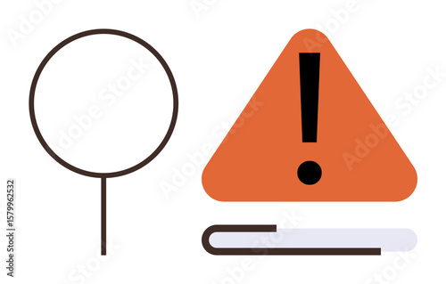 Magnifying glass near triangular warning with exclamation mark. Ideal for risk, caution, analysis, focus, problem-solving, information, safety. Simple flat metaphor
