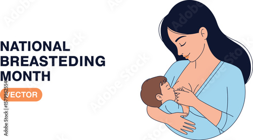 Vector art of a vector illustration for national breasted month, showing a mother breastfeeding her baby, isolated on white background