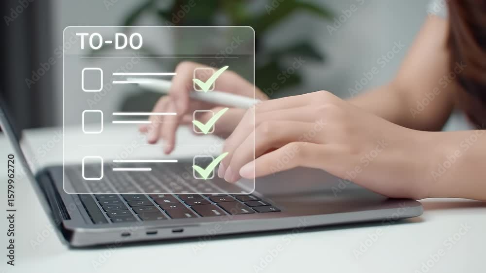 Woman Typing on Laptop Showing Transparent To Do List Interface and Task Checkmarks on White Desk