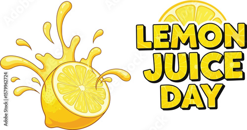 Vector art of a cheerful illustration celebrates lemon juice day with a splashing lemon, promoting the refreshing and healthy citrus beverage isolated on white background