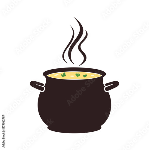 Dark pot with steaming yellow soup and green garnish vector