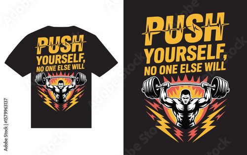 Motivational fitness graphic with a weightlifter and the phrase push yourself no one else will