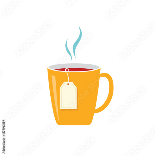 Orange mug with tea and steam hot drink beverage