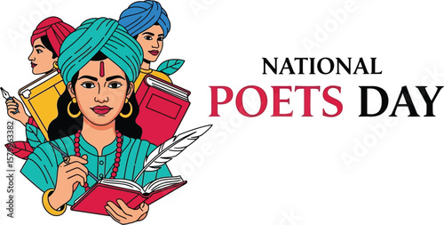 Vector art of celebrating national poets day with illustrations of women with books and turbans