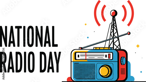 Vector art of celebrate national radio day with a vintage radio and antenna broadcasting waves isolated on white background