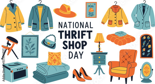 Vector art of a collection of thrift store items are shown to celebrate national thrift shop day isolated on white background