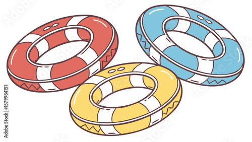 “3D Inflatable Swimming Ring in Red Yellow and Blue Vector Illustration Isolated”