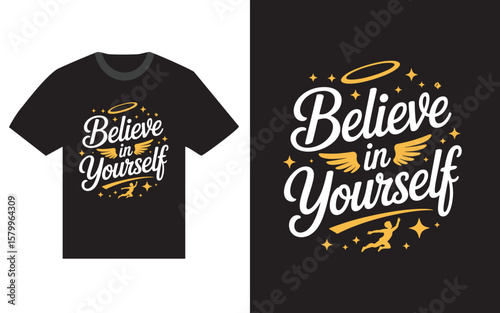 Believe in yourself inspirational quote with angel wings and halo design