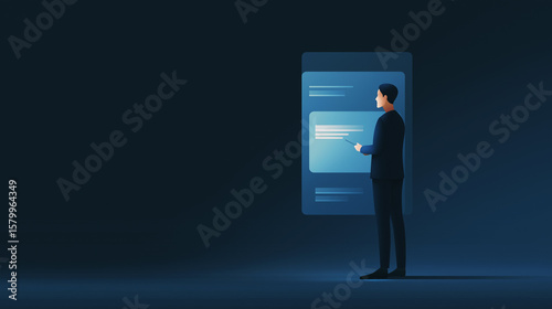 A man in a suit points at a large, glowing blue screen displaying digital content, symbolizing presentation, data analysis, or a business meeting in a technological context.