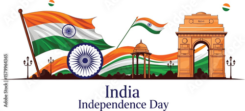 Illustration of india independence day with landmarks and flag isolated on white background