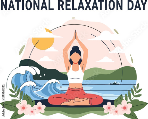Vector art of celebrating national relaxation day with a woman practicing yoga and meditation by the sea, promoting peace, mindfulness, and overall wellbeing