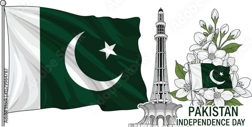 Illustration of pakistans flag, independence monument, and jasmine flowers, isolated on white background