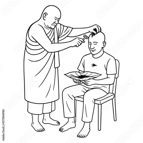 Line art of a monk shaving the head of a man who is being ordained cartoon vector