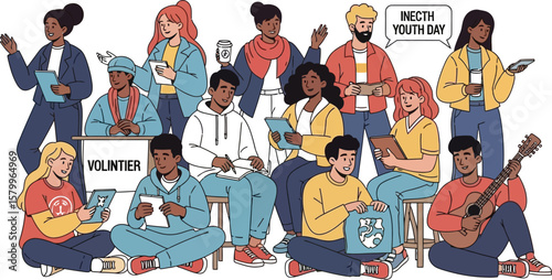 Vector art of a diverse group of youth volunteering and celebrating community spirit