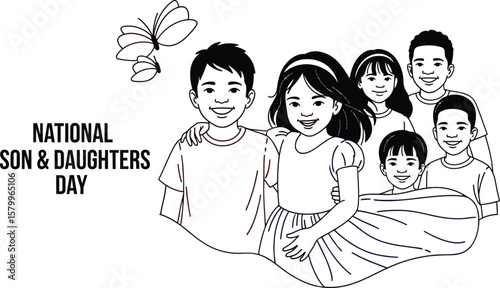Vector art of a group of children celebrating national son and daughters day isolated on white background