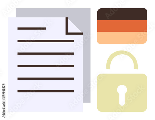 Paper document next to a locked padlock and gradient rectangle panel. Ideal for privacy, security, data protection, confidentiality, digital access, compliance, risk management. Simple flat metaphor
