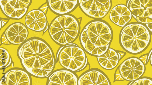 A seamless pattern design of sliced lemons arranged in a repeating pattern against a bright yellow background