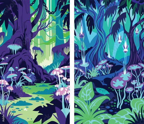 A digital illustration of a mystical forest scene split into two panels side by side