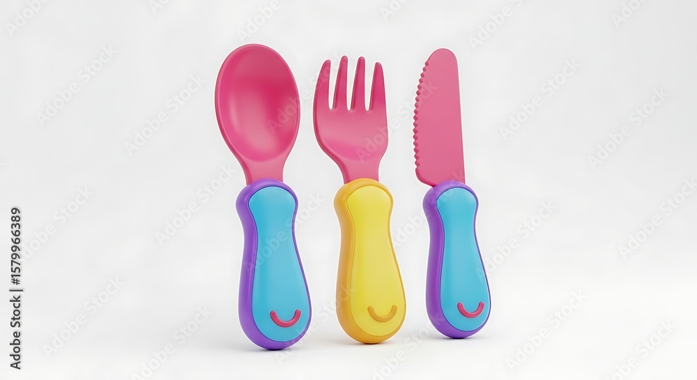 Fototapeta premium A colorful cartoon cutlery set including a spoon fork and knife on white background