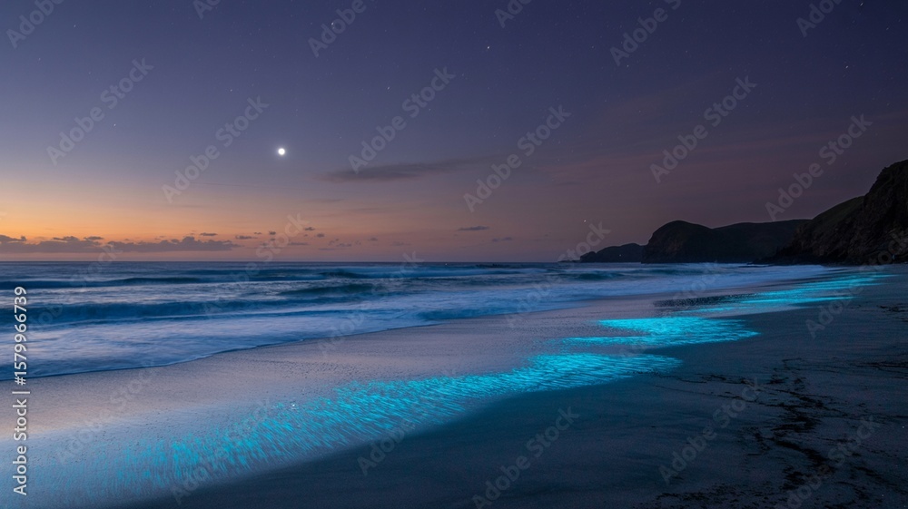 Fototapeta premium Bioluminescent waves crash on sandy beach at dusk